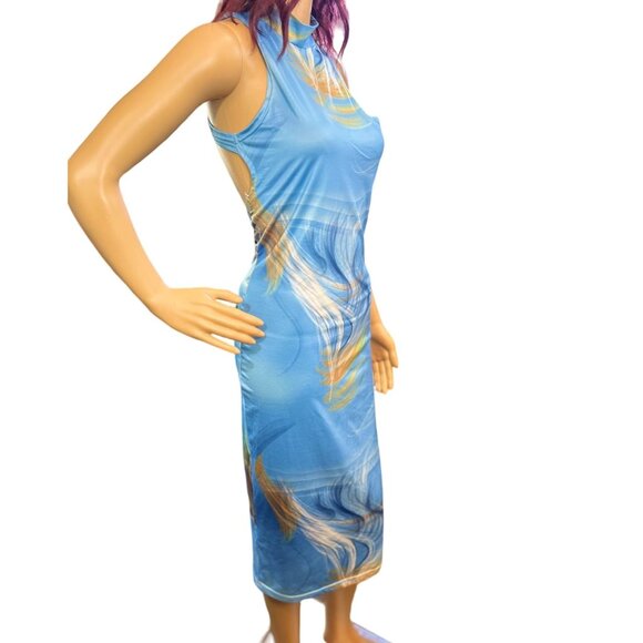 Summer Paradise Sleeveless Cut-Out Bodycon Dress in Blue/Gold Size Medium - Picture 4 of 9